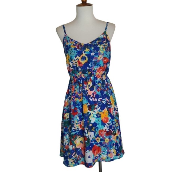 Aqua Blue Multicolor Floral Fit & Flare Mini Dress xSmall Preowned - Picture 2 of 8
